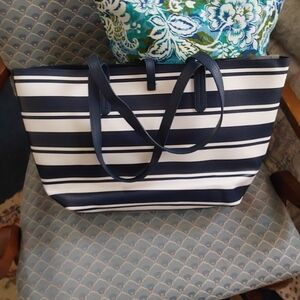 NWT Time And Tru Blue Striped Tote, Large Vinyl Shoulder Bag With Handles